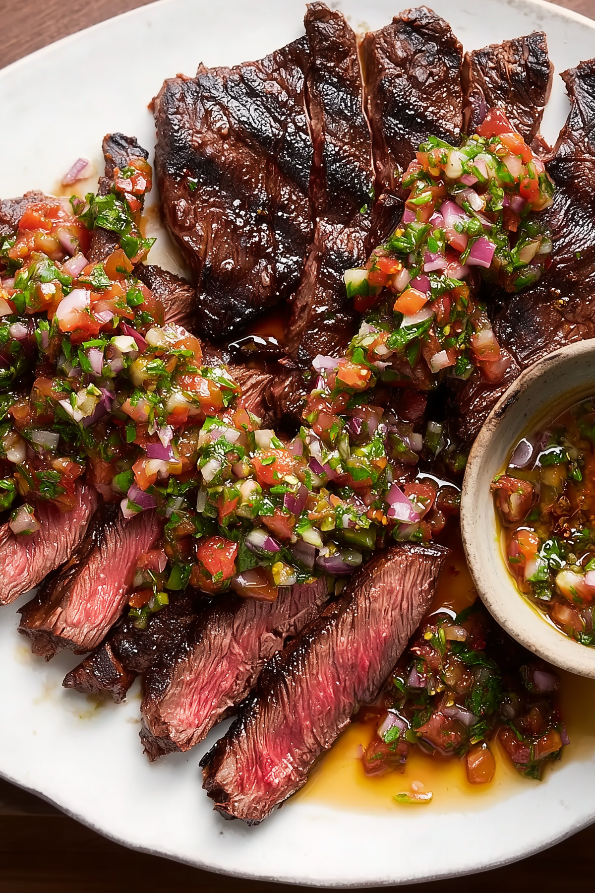 Grilled Skirt Steak with Grated Tomato Salsa served fresh with smoky grilled beef and juicy tomato topping