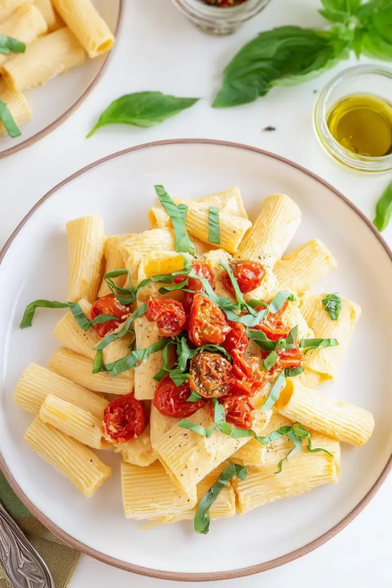 Creamy hummus pasta served with basil and sun-dried tomatoes