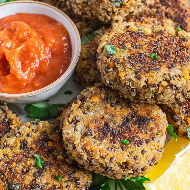 Crispy homemade lentil patties served with fresh herbs and dipping sauce
