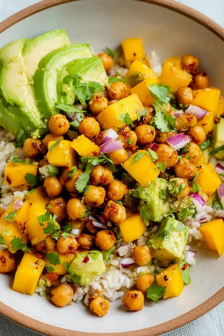 Fresh Mango Chickpea Salad with avocado and roasted chickpeas
