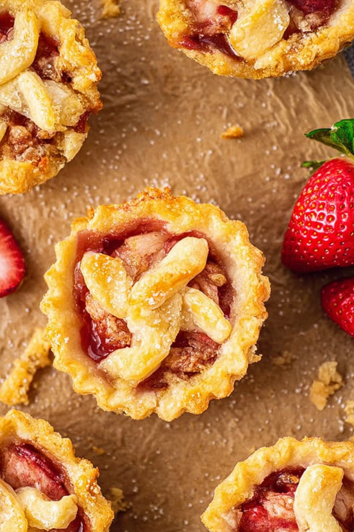 Freshly baked Mini Strawberry Rhubarb Pies with flaky crust and fruit filling