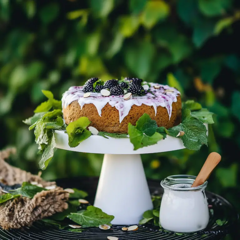 Mulberry Almond Cake fresh from the oven with juicy mulberries
