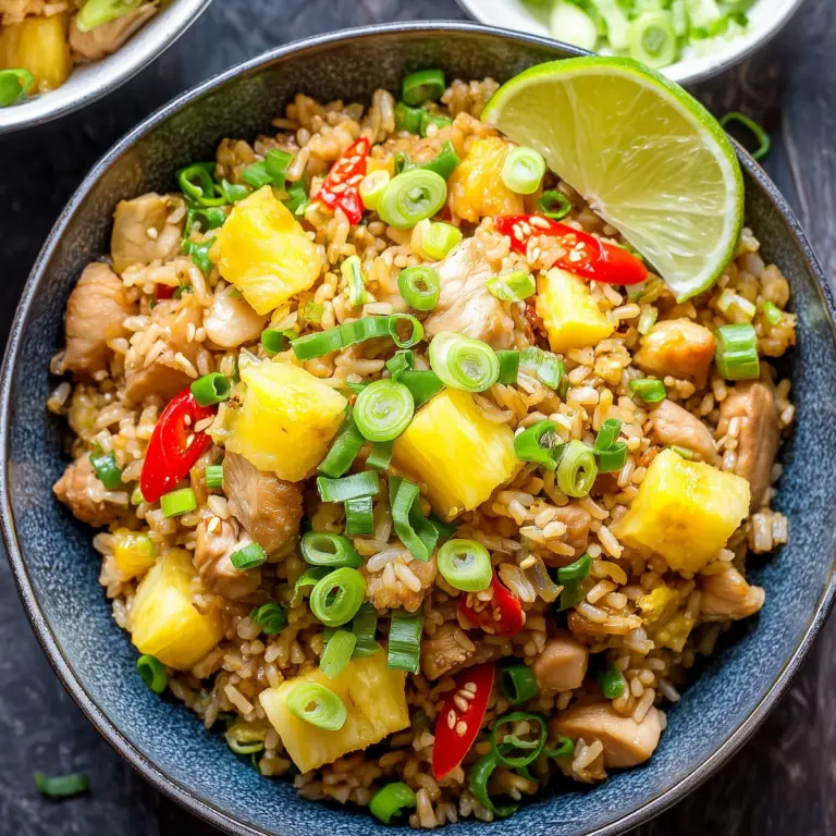 Pineapple Fried Rice with Chicken with colorful vegetables and fresh pineapple