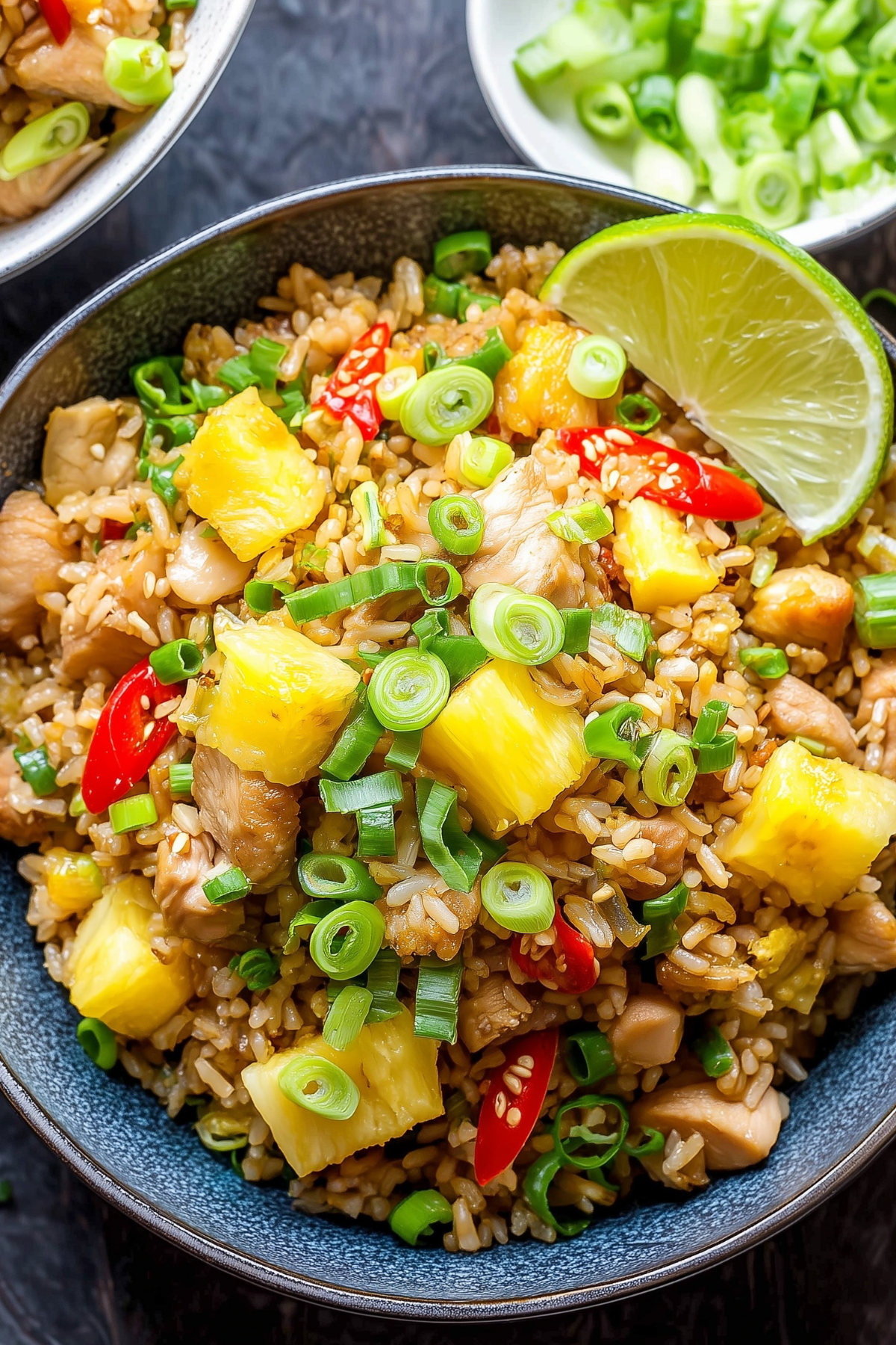 Pineapple Fried Rice with Chicken with colorful vegetables and fresh pineapple