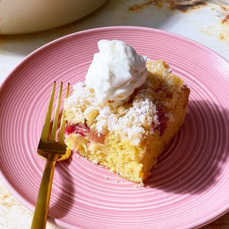 Fresh homemade rhubarb cake with buttery crumb topping