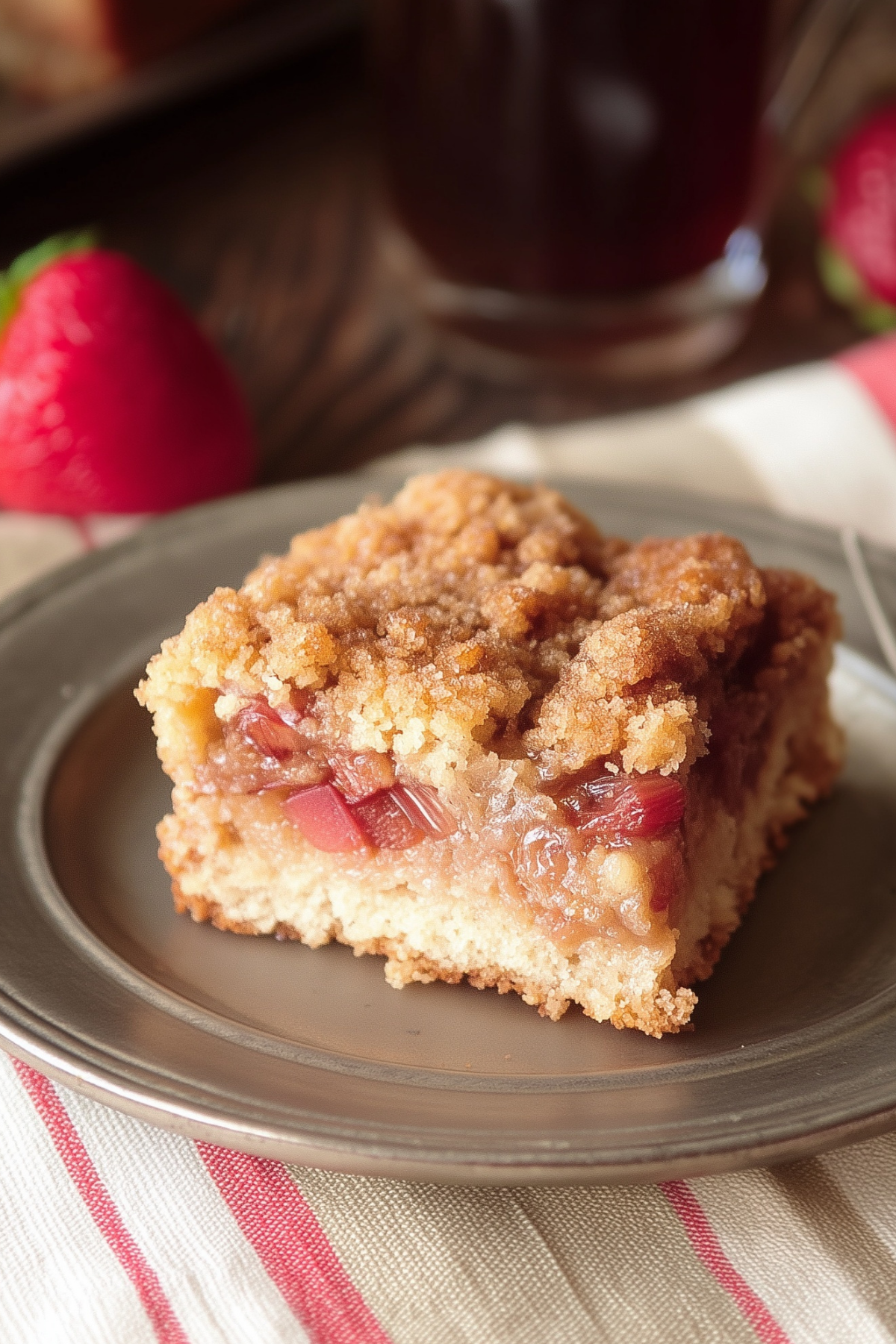 Slice of Rhubarb Coffee Cake with streusel topping