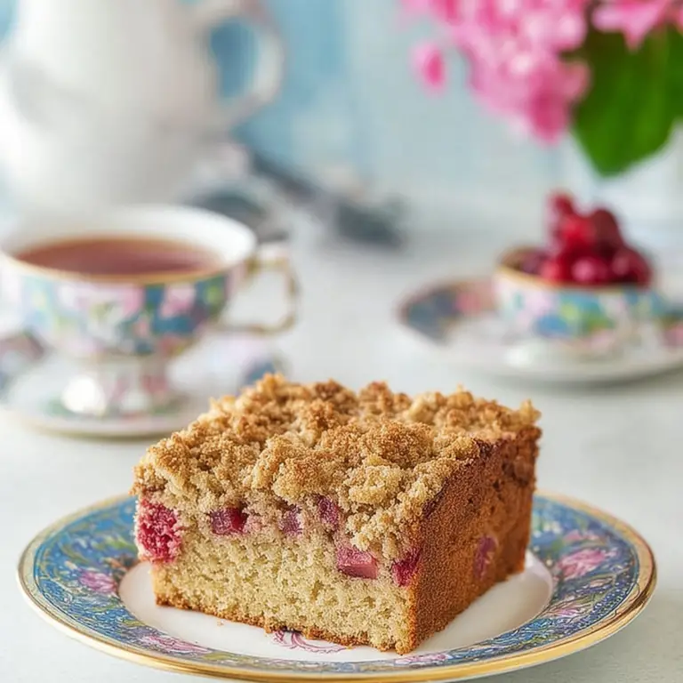 Sour Cream Rhubarb Coffee Cake sliced on a plate with cinnamon crumb topping