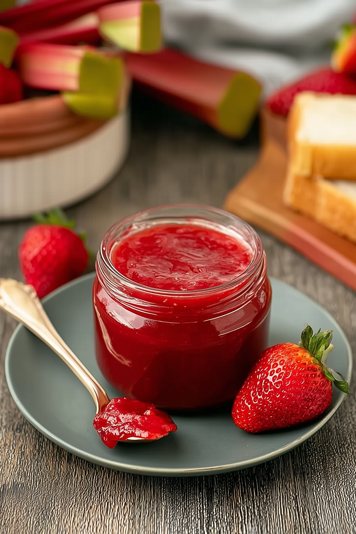 Jar of Small Batch Strawberry Rhubarb Jam on a wooden board