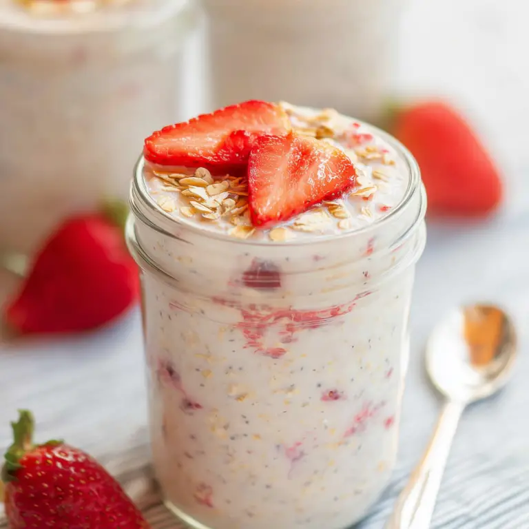 Delicious Strawberry Cheesecake Overnight Oats in a jar