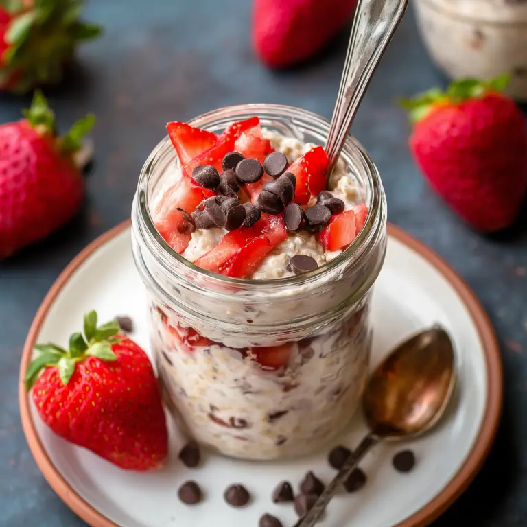 Strawberry Chocolate Chip Overnight Oats in a jar with fresh strawberries and chocolate chips