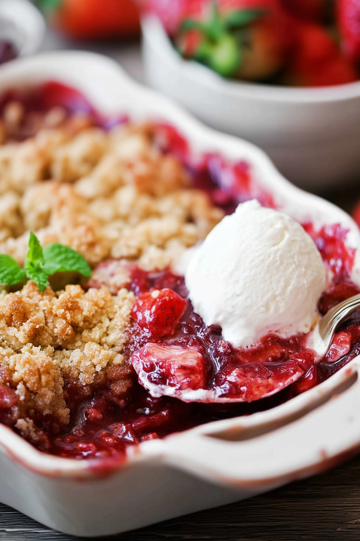 Strawberry Rhubarb Cobbler with golden topping and fresh fruit