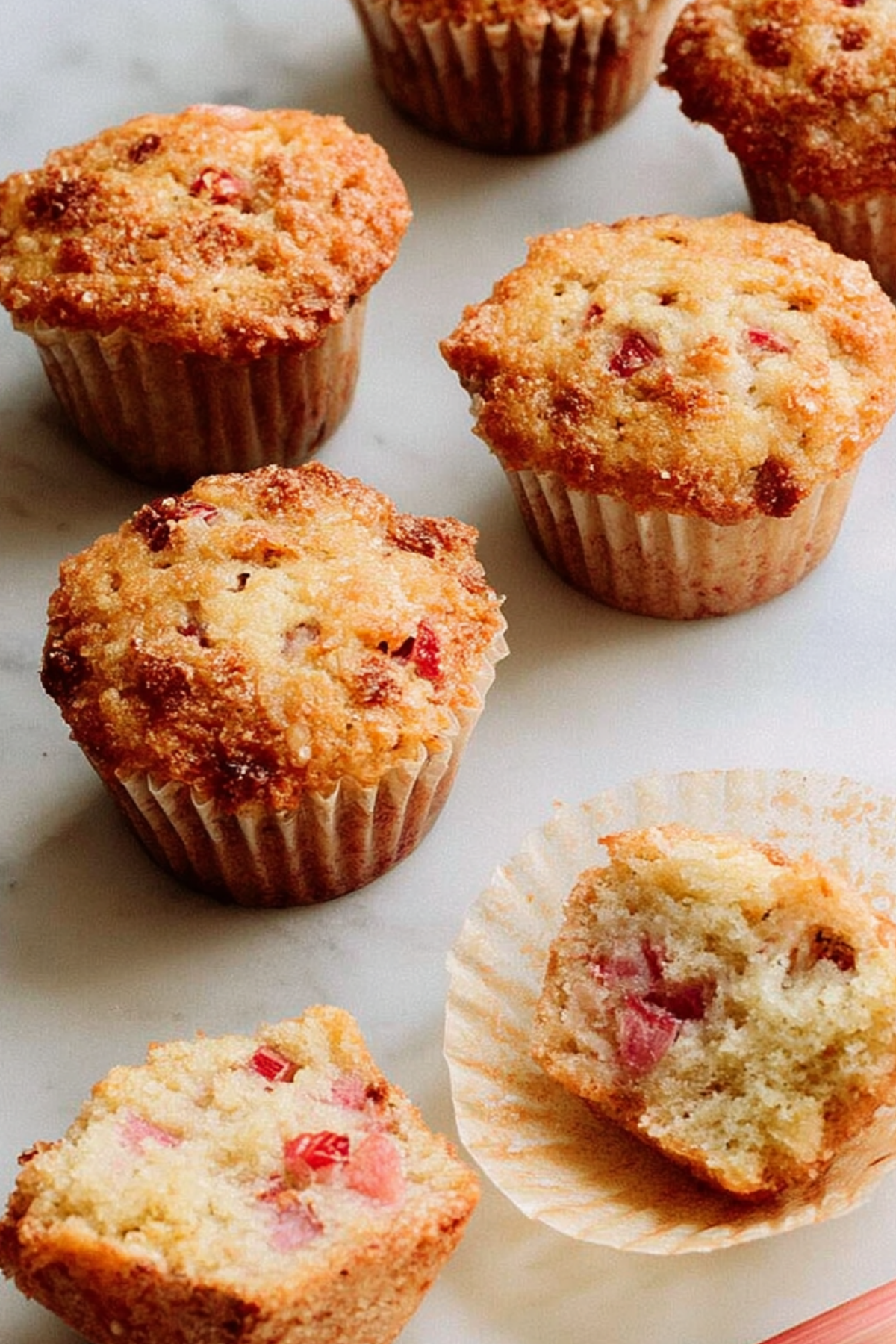 Fresh homemade Rhubarb Muffins with crunchy streusel topping on a cooling rack