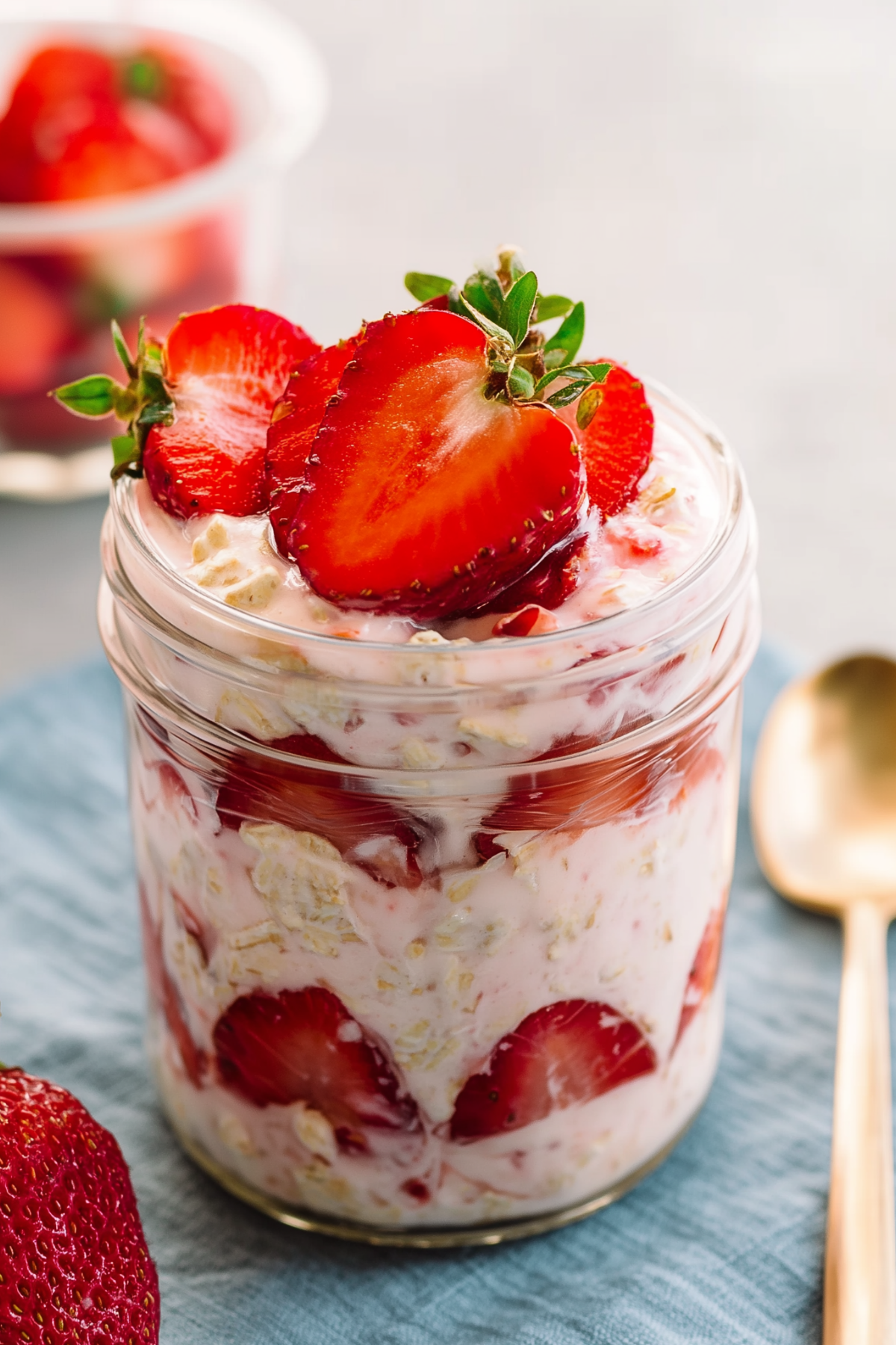 Strawberry Yogurt Overnight Oats in a jar topped with fresh strawberries