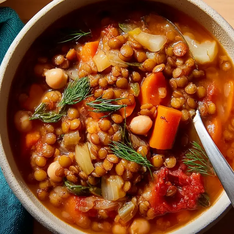 Vegan Mediterranean Lentil Soup served warm with fresh dill and crusty bread