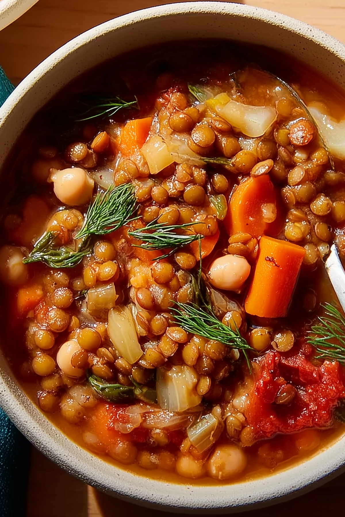 Vegan Mediterranean Lentil Soup served warm with fresh dill and crusty bread