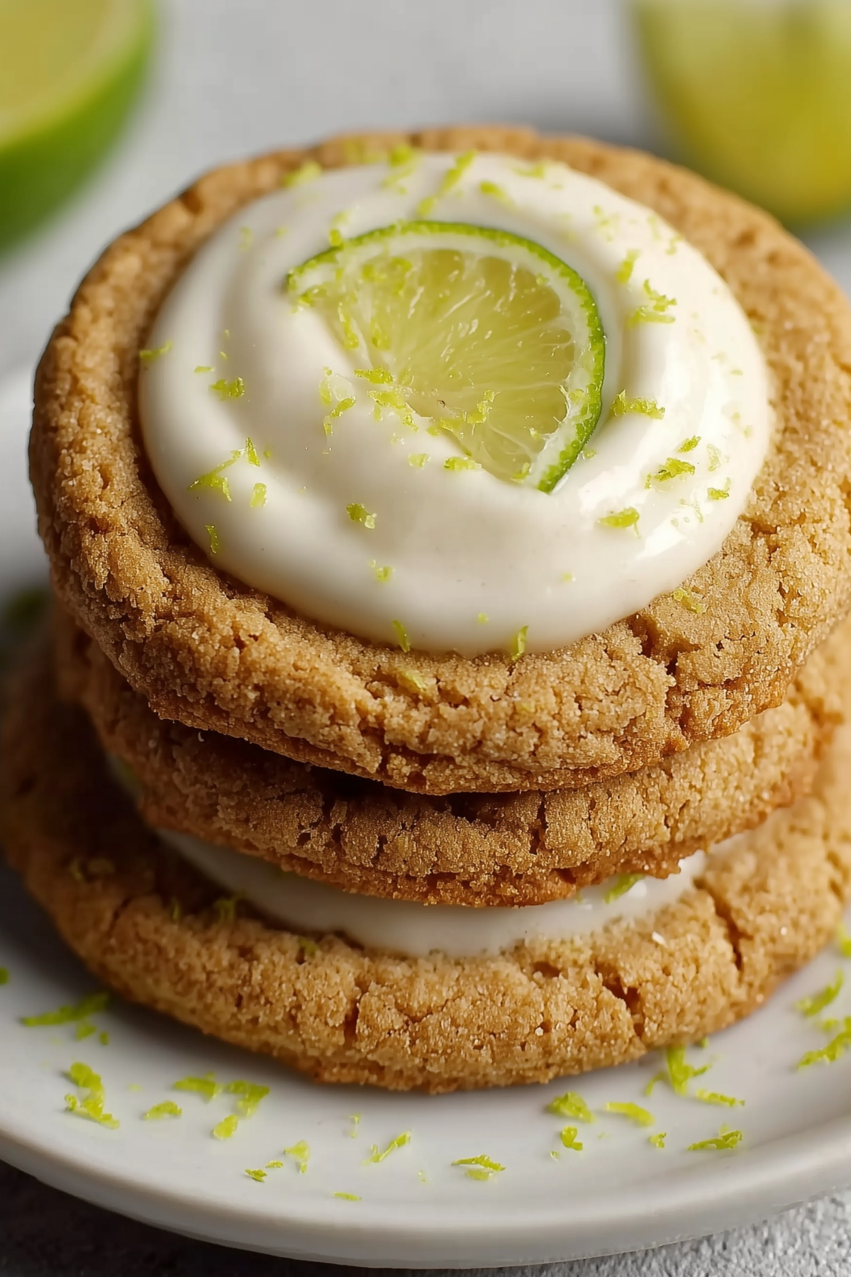 Zesty Key Lime Pie Cookies with creamy filling and lime garnish