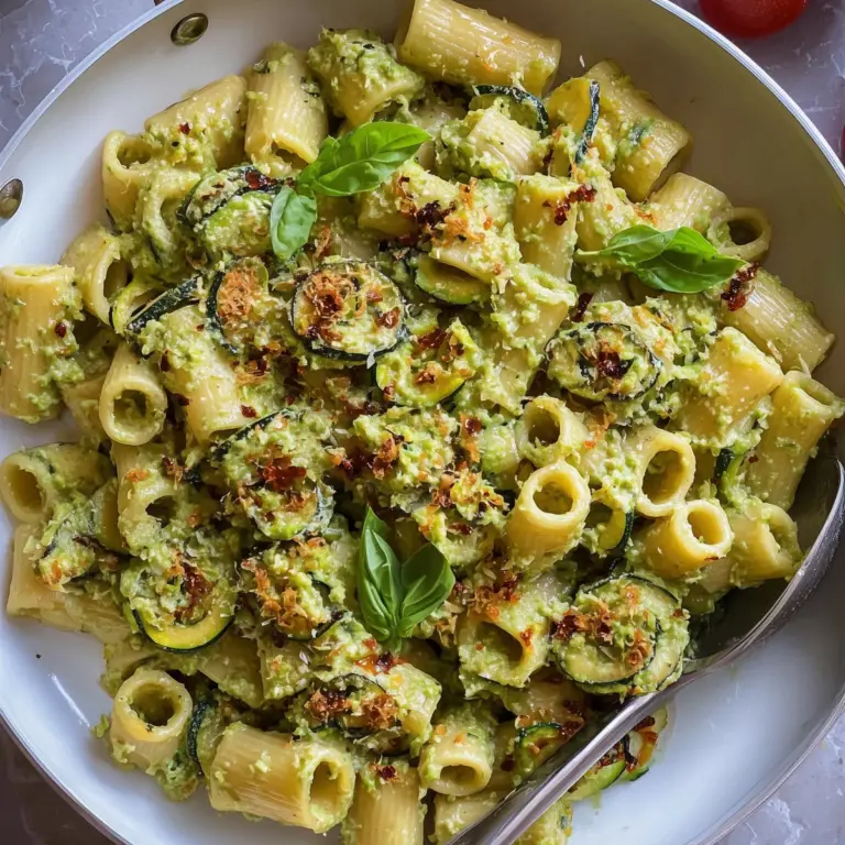 Fresh homemade zucchini pasta served with herbs and creamy zucchini sauce