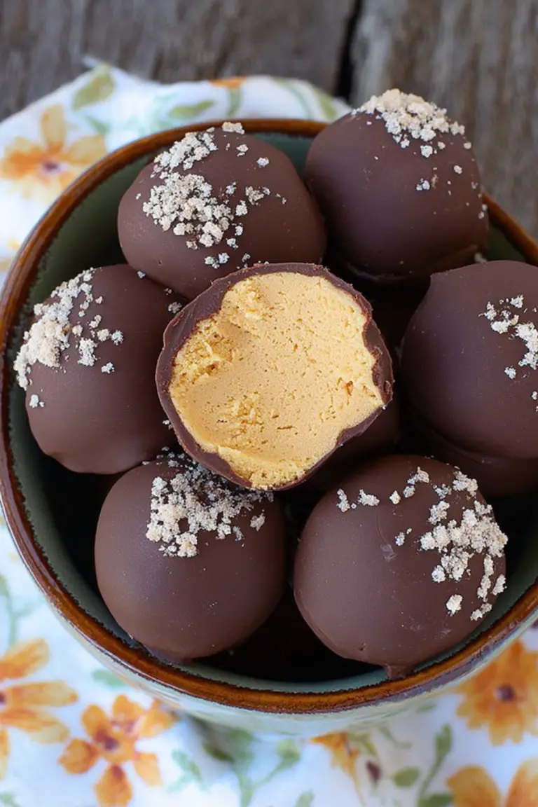 Delicious pumpkin cheesecake truffles drizzled with dark chocolate and topped with pumpkin pie spice.