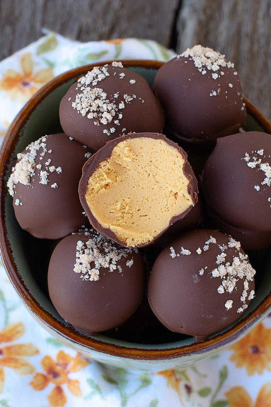 Delicious pumpkin cheesecake truffles drizzled with dark chocolate and topped with pumpkin pie spice.